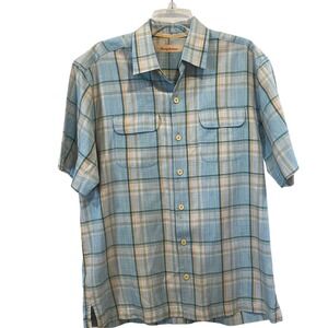 Tommy Bahama Mens Medium Blue Plaid 100% Silk Short Sleeve Button Up Camp Shirt